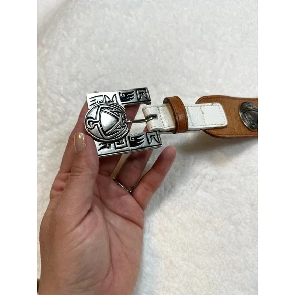 vtg Ginnie Johansen Womens leather belt 24S 50877 aztec metal buckle Thunderbird - Picture 8 of 9